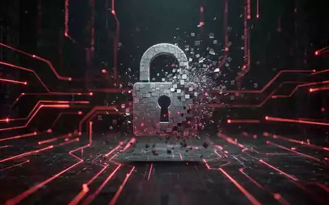 Ein dunkles, digitales Bild mit roten Datenströmen und einem sich auflösenden Vorhängeschloss-Symbol, das Cyberbetrug darstellt. - Foto: über boerse-global.de