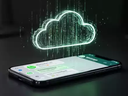 Leuchtendes, abstraktes Wolkensymbol aus Datenströmen über einem Smartphone mit WhatsApp-Chats. Symbolisiert sichere Cloud-Speicherung. - Foto: über boerse-global.de
