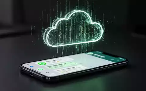 Leuchtendes, abstraktes Wolkensymbol aus Datenströmen über einem Smartphone mit WhatsApp-Chats. Symbolisiert sichere Cloud-Speicherung. - Foto: über boerse-global.de