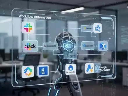 Futuristische KI-Agenten-OberflĂ€che mit Workflow-Diagrammen und App-Symbolen, die BĂŒroautomatisierung und Integration symbolisiert. - Foto: ĂŒber boerse-global.de