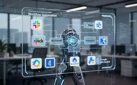 Futuristische KI-Agenten-Oberfläche mit Workflow-Diagrammen und App-Symbolen, die Büroautomatisierung und Integration symbolisiert. - Foto: über boerse-global.de