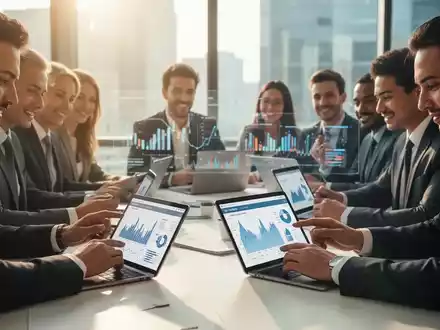 Eine Gruppe von Anlegern analysiert Finanzdaten auf Tablets und Laptops in einem modernen Büro, das Engagement und Zusammenarbeit ausstrahlt. - Foto: über boerse-global.de