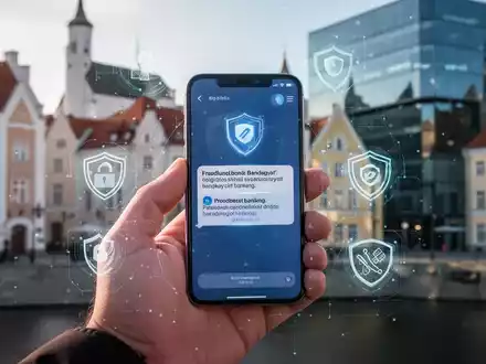 Nahaufnahme einer Hand, die ein Smartphone mit einer betrügerischen Bankbenachrichtigung hält, überlagert von digitalen Sicherheitssymbolen. - Foto: über boerse-global.de