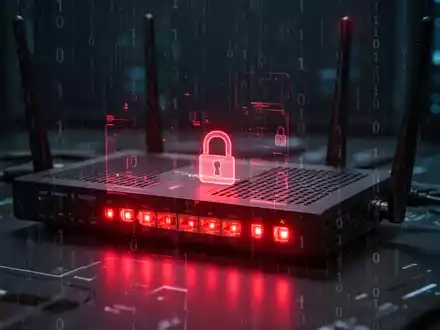 Netzwerk-Router mit glühenden roten Lichtern und digitalen Sicherheitsschlössern, überlagert mit subtilem Binärcode, symbolisiert eine Cyber-Bedrohung. - Foto: über boerse-global.de