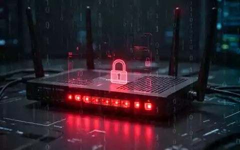 Netzwerk-Router mit glühenden roten Lichtern und digitalen Sicherheitsschlössern, überlagert mit subtilem Binärcode, symbolisiert eine Cyber-Bedrohung. - Foto: über boerse-global.de