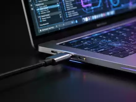 Nahaufnahme eines USB-C-Kabels, eingesteckt in ein modernes Mac-Laptop, mit technischen Daten auf dem Bildschirm. - Foto: über boerse-global.de