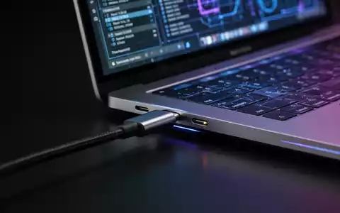 Nahaufnahme eines USB-C-Kabels, eingesteckt in ein modernes Mac-Laptop, mit technischen Daten auf dem Bildschirm. - Foto: über boerse-global.de