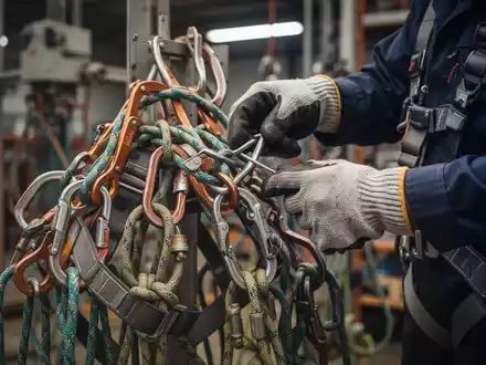 Nahaufnahme einer Person in Arbeitshandschuhen, die eine Absturzsicherung und Kletterseile inspiziert. - Foto: über boerse-global.de