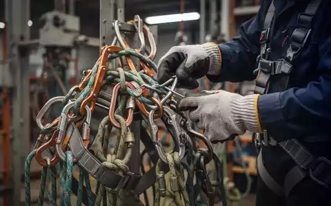 Nahaufnahme einer Person in Arbeitshandschuhen, die eine Absturzsicherung und Kletterseile inspiziert. - Foto: über boerse-global.de