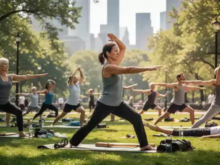 Eine vielfältige Gruppe von Menschen praktiziert Pilates und Qi Gong in einem sonnigen Stadtpark, umgeben von Bäumen und Grünflächen. - Foto: über boerse-global.de