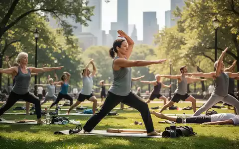 Eine vielfältige Gruppe von Menschen praktiziert Pilates und Qi Gong in einem sonnigen Stadtpark, umgeben von Bäumen und Grünflächen. - Foto: über boerse-global.de