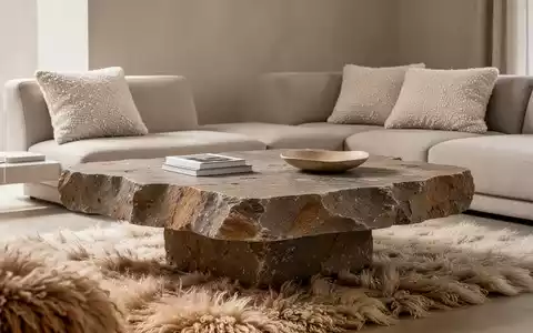 Ein minimalistisches Wohnzimmer mit einem groben Naturstein-Couchtisch, weichen Bouclé-Kissen und einem Flokati-Teppich. - Foto: über boerse-global.de