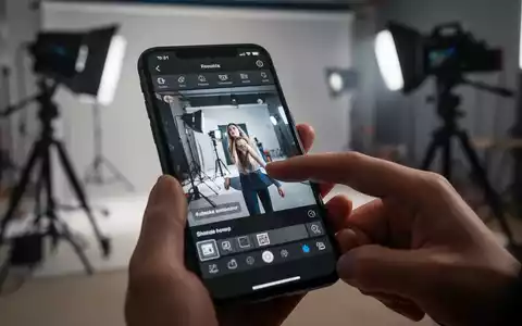 Nahaufnahme einer Hand, die mit einem Smartphone ein Foto in einer App bearbeitet, professionelles Fotostudio im Hintergrund. - Foto: über boerse-global.de