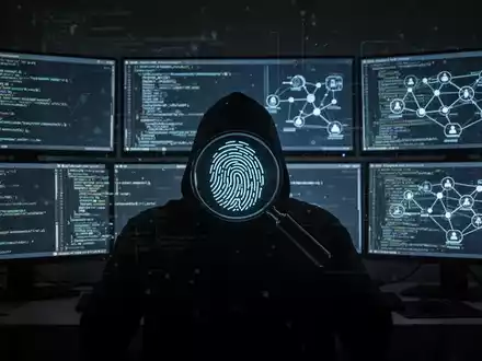Verschwommene Gestalt vor mehreren Bildschirmen mit Code und Netzwerkdiagrammen, dezente digitale Fingerabdruck-Überlagerung. - Foto: über boerse-global.de