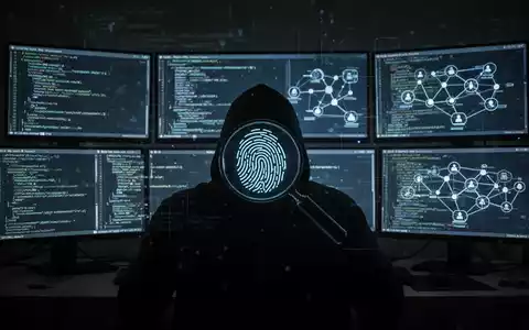 Verschwommene Gestalt vor mehreren Bildschirmen mit Code und Netzwerkdiagrammen, dezente digitale Fingerabdruck-Überlagerung. - Foto: über boerse-global.de