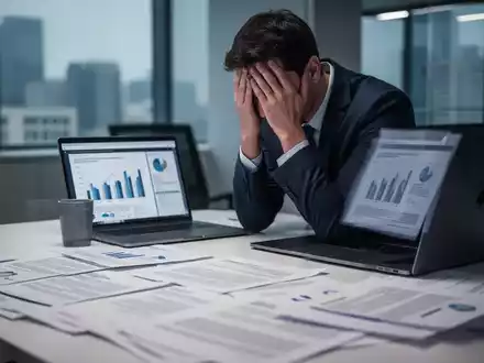 Eine gestresste Person mit dem Kopf in den Händen an einem modernen Schreibtisch, umgeben von Dokumenten und einem Laptop. - Foto: über boerse-global.de