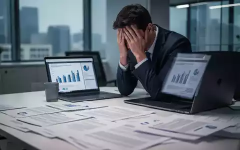 Eine gestresste Person mit dem Kopf in den Händen an einem modernen Schreibtisch, umgeben von Dokumenten und einem Laptop. - Foto: über boerse-global.de