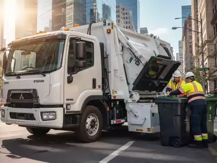 Ein moderner Müllwagen auf einer sonnigen Stadtstraße mit einem Mitarbeiter, der eine Mülltonne leert, während die Sonne aufgeht. - Foto: über boerse-global.de