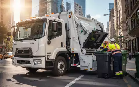 Ein moderner Müllwagen auf einer sonnigen Stadtstraße mit einem Mitarbeiter, der eine Mülltonne leert, während die Sonne aufgeht. - Foto: über boerse-global.de
