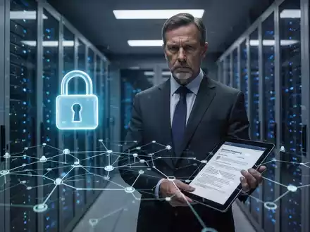 Ein Geschäftsleiter steht in einem Serverraum, umgeben von digitalem Licht und einem schwebenden Vorhängeschloss-Symbol, das Cybersicherheit darstellt. - Foto: über boerse-global.de