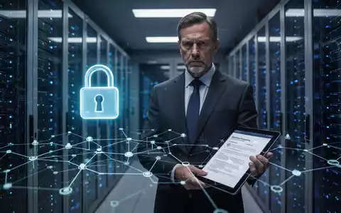 Ein Geschäftsleiter steht in einem Serverraum, umgeben von digitalem Licht und einem schwebenden Vorhängeschloss-Symbol, das Cybersicherheit darstellt. - Foto: über boerse-global.de