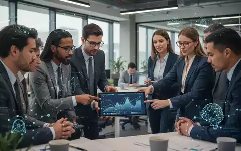 Fachleute im Büro diskutieren KI-Regulierungen, digitale Grafiken überlagern die Szene, symbolisieren Daten und Compliance. - Foto: über boerse-global.de
