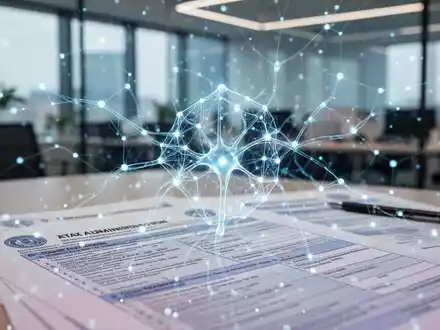Abstrakte Darstellung von KĂŒnstlicher Intelligenz in der Steuerverwaltung, mit leuchtenden neuronalen Netzen ĂŒber Steuerdokumenten. - Foto: ĂŒber boerse-global.de