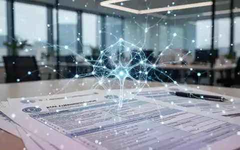 Abstrakte Darstellung von Künstlicher Intelligenz in der Steuerverwaltung, mit leuchtenden neuronalen Netzen über Steuerdokumenten. - Foto: über boerse-global.de