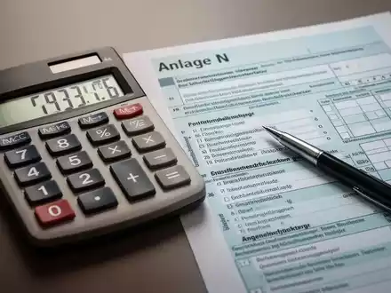 Ein Taschenrechner zeigt Zahlen neben einem deutschen Steuerformular (Anlage N) mit einem Stift, der Finanzplanung symbolisiert. - Foto: über boerse-global.de