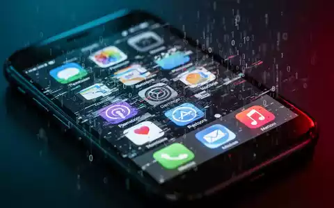 Ein Smartphone-Bildschirm zeigt eine verzerrte, fehlerhafte Benutzeroberfläche mit Binärcode über App-Symbolen, der Malware symbolisiert. - Foto: über boerse-global.de