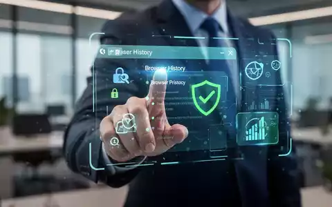 Eine Hand interagiert mit einem holografischen Bildschirm, der Browserverlauf und Datenschutzsymbole in einem modernen Büroumfeld anzeigt. - Foto: über boerse-global.de