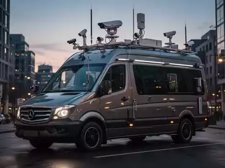Hochtechnologischer mobiler Überwachungswagen mit Kameras und Antennen, geparkt in einer Stadt in der Abenddämmerung. - Foto: über boerse-global.de