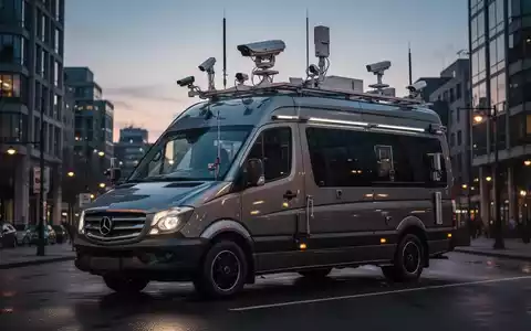 Hochtechnologischer mobiler Überwachungswagen mit Kameras und Antennen, geparkt in einer Stadt in der Abenddämmerung. - Foto: über boerse-global.de