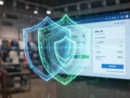 Digitale Schilde schützen Daten, unscharfer Online-Checkout im Hintergrund, symbolisiert Risiken von Datenlecks durch Dritte. - Foto: über boerse-global.de