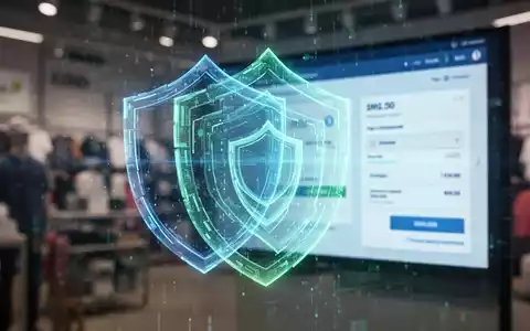 Digitale Schilde schützen Daten, unscharfer Online-Checkout im Hintergrund, symbolisiert Risiken von Datenlecks durch Dritte. - Foto: über boerse-global.de