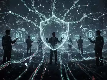Leuchtendes neuronales Netz mit digitalen Datenströmen über einer dunklen, abstrakten digitalen Landschaft. Silhouetten interagieren mit holografischen Schnittstellen, symbolisieren KI-Betrug und Cybersicherheit. - Foto: über boerse-global.de