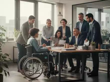 Eine vielfältige Gruppe von Fachleuten arbeitet in einem modernen Büro zusammen, wobei eine Person im Rollstuhl an einem Schreibtisch sitzt. - Foto: über boerse-global.de