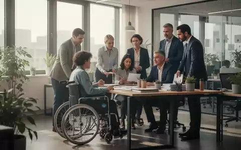 Eine vielfältige Gruppe von Fachleuten arbeitet in einem modernen Büro zusammen, wobei eine Person im Rollstuhl an einem Schreibtisch sitzt. - Foto: über boerse-global.de