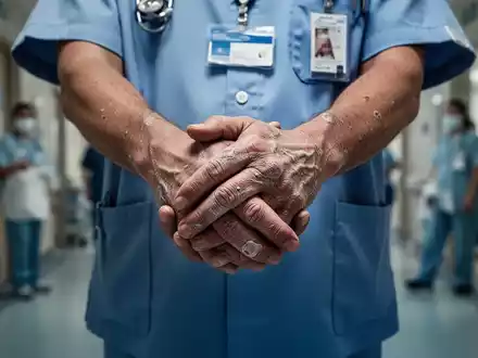 Nahaufnahme der Hände einer Pflegekraft, die die Belastung und den Arbeitsdruck im Pflegesektor symbolisieren. - Foto: über boerse-global.de