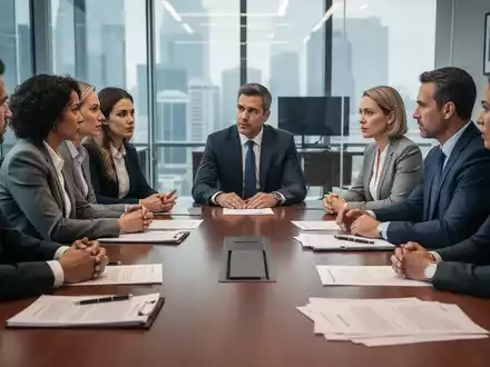 Eine Gruppe von Arbeitnehmer- und Managementvertretern verhandelt an einem Konferenztisch, um betriebliche Konflikte zu lösen. - Foto: über boerse-global.de