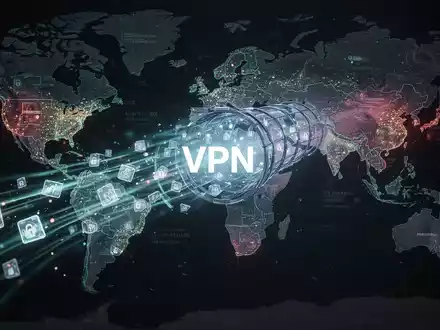 Leuchtender, abstrakter VPN-Tunnel mit Datenpaketen, überlagert auf digitaler Weltkarte, symbolisiert Online-Privatsphäre und Sicherheit. - Foto: über boerse-global.de
