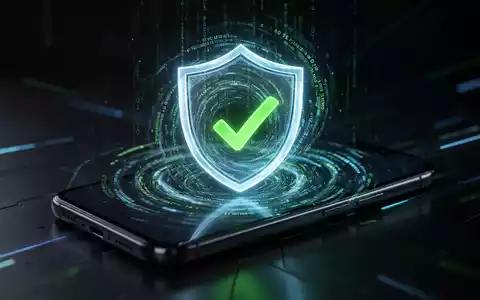 Ein stilisiertes, leuchtendes Schild-Symbol auf einem Smartphone-Bildschirm mit einem grünen Häkchen, umgeben von digitalem Code. - Foto: über boerse-global.de
