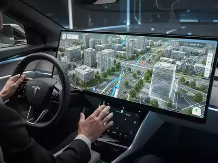 Ein futuristisches Auto-Interieur mit großem Infotainment-Bildschirm, der eine detaillierte 3D-Google Maps Navigation anzeigt. - Foto: über boerse-global.de