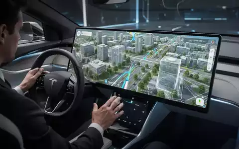 Ein futuristisches Auto-Interieur mit großem Infotainment-Bildschirm, der eine detaillierte 3D-Google Maps Navigation anzeigt. - Foto: über boerse-global.de