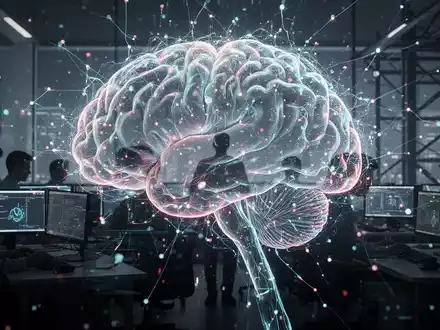 Ein abstraktes digitales Gehirn oder neuronales Netzwerk, überlagert von menschlichen Silhouetten, die an Computern arbeiten, symbolisiert die KI-Integration in die Arbeitswelt. - Foto: über boerse-global.de