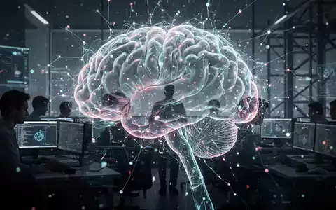 Ein abstraktes digitales Gehirn oder neuronales Netzwerk, überlagert von menschlichen Silhouetten, die an Computern arbeiten, symbolisiert die KI-Integration in die Arbeitswelt. - Foto: über boerse-global.de