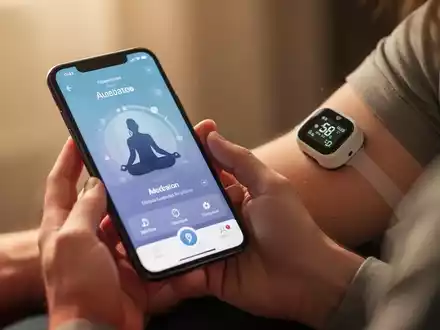 Hände halten ein Smartphone mit einer Meditations-App, im Hintergrund ist ein Blutzuckermessgerät auf einem Arm zu sehen. - Foto: über boerse-global.de