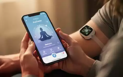 HĂ€nde halten ein Smartphone mit einer Meditations-App, im Hintergrund ist ein BlutzuckermessgerĂ€t auf einem Arm zu sehen. - Foto: ĂŒber boerse-global.de