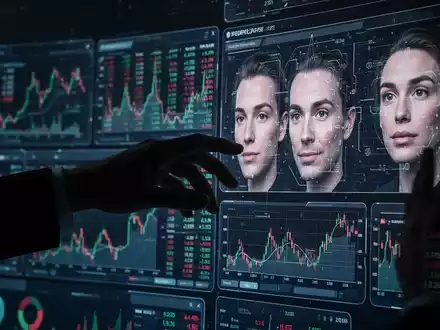 Eine schattenhafte Hand interagiert mit mehreren digitalen Bildschirmen, die betrügerische Finanzdaten und Deepfake-Bilder zeigen, als Symbol moderner Betrugstaktiken. - Foto: über boerse-global.de