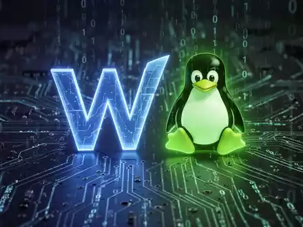 Stilisiertes Windows-Logo, das sanft mit Linux-Pinguin-Logo verschmilzt, auf dunkler, futuristischer Platine mit fließendem Binärcode. - Foto: über boerse-global.de